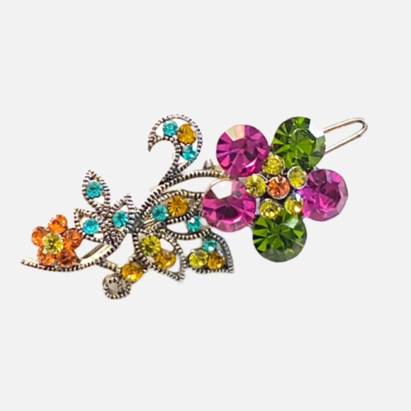 Silver Tone Sparkling Floral Crystal Barrette - Picture 2 of 5